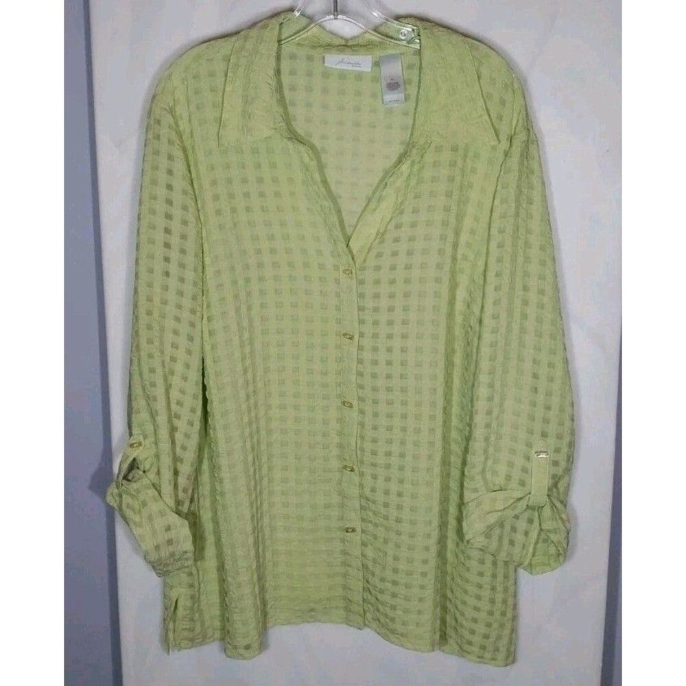 JH Collectibles 3X Sheer Green Blouse Lagenlook Boho Shadow Check Roll Tab
